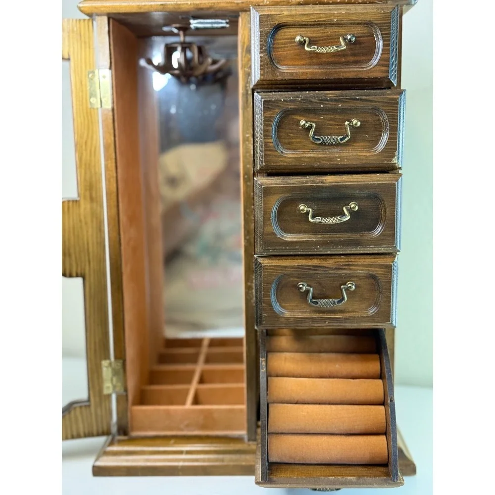 Vintage 1981 Avon Team Leader Jewelry Box Wooden Armoire Mirror 6 Drawers